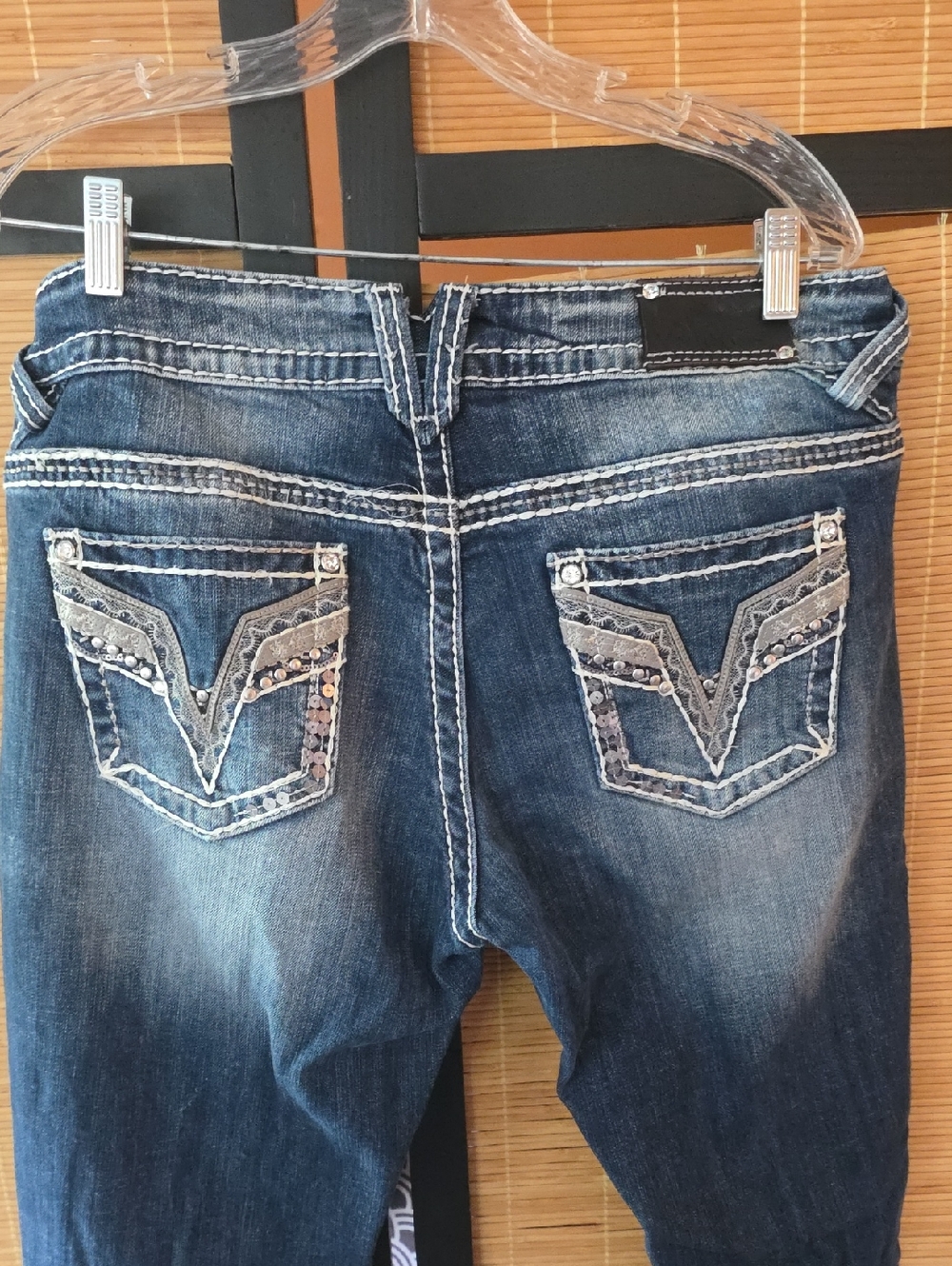 Vigoss Women's Boot Cut Jeans in Dark Blue with Sequined Back Pockets
